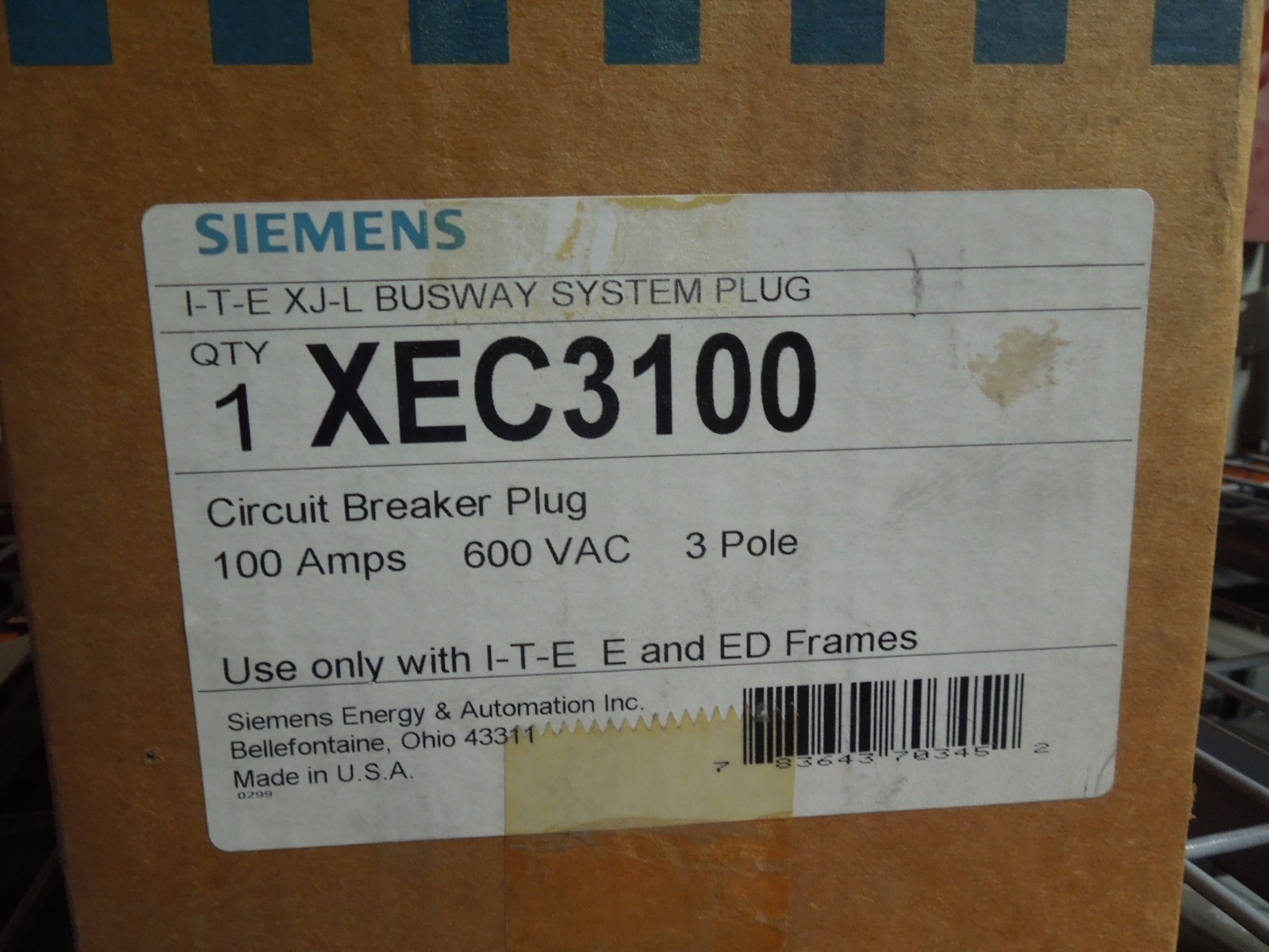 Siemens XEC3100 100A 3ph 3W 600V ITE XJ-L Busway System Plug New