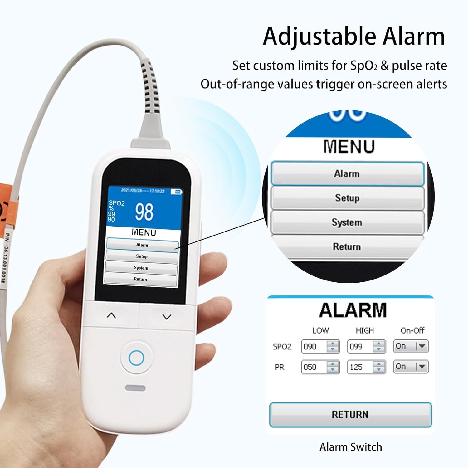 Handheld Pediatric Pulse Oximeter SpO2 Fingertip Probe Heart Rate Monitor Alarm