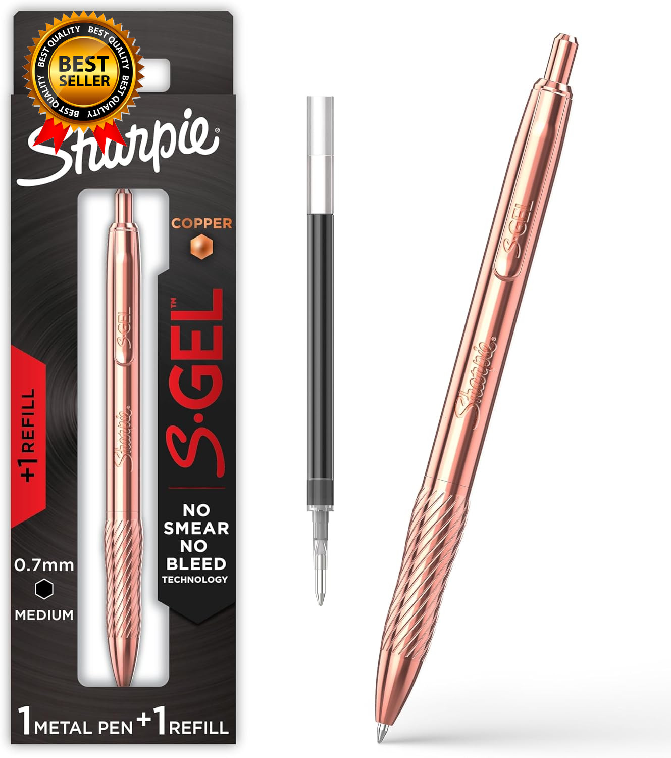 S-Gel Gel Pen Copper Metal Body, Medium Point (0.7Mm) Black Ink Includes 1 Pen