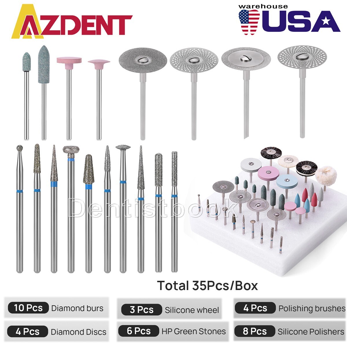 35Pcs Dental Lab Diamond Burs Polishing Kit HP 2.35mm Use for Ceramics Porcelain