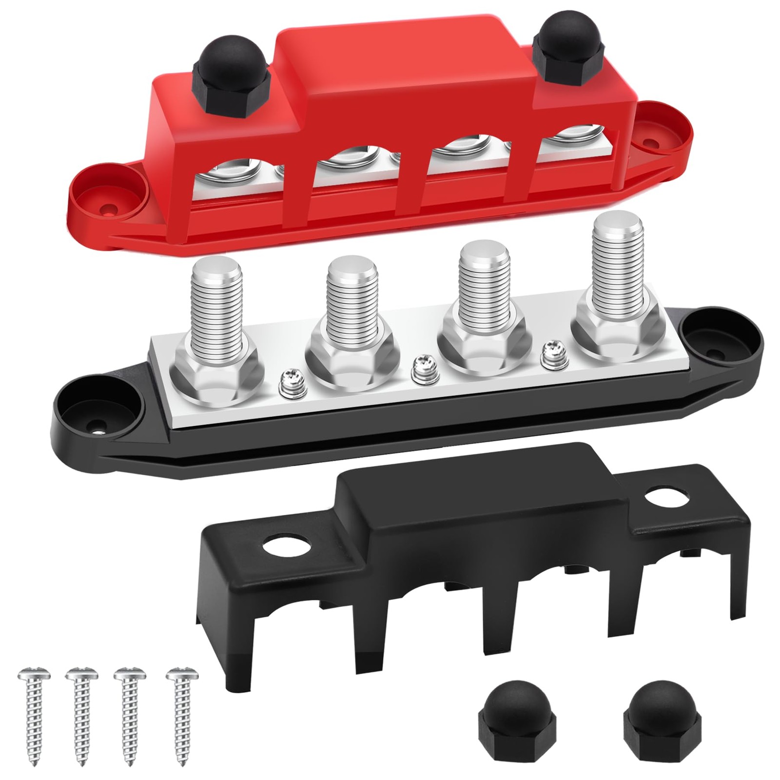Ruibapa 250A Marine Bus Bar 12V 4 x 3/8″ Power Distribution 250A, Red