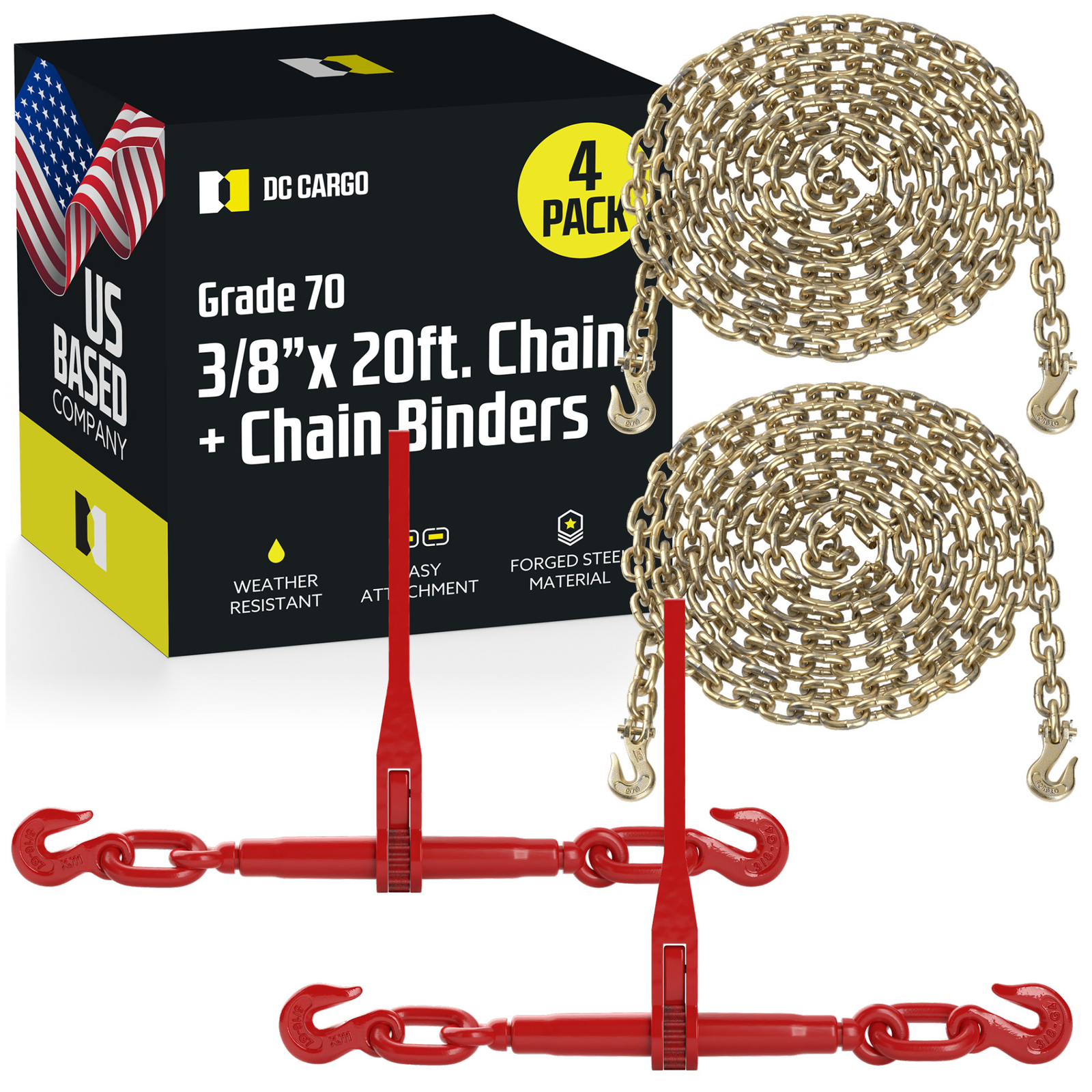 DC Cargo Grade 70 Transport Chain & Ratchet Binder Kit, 20′, 3/8″, 2-pack
