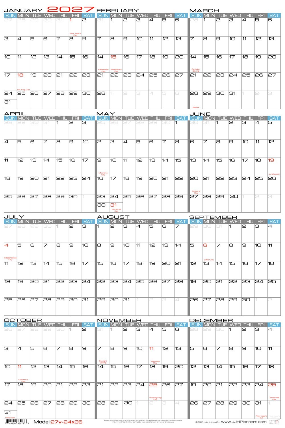 24″ X 36″ Large Vertical 12 Month Laminated Erasable Wall Calendar (Rolled)