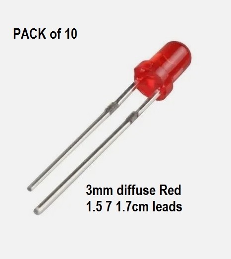 3mm LEDs Red Diffused, Round Top : Pack of 10 with Free shipping