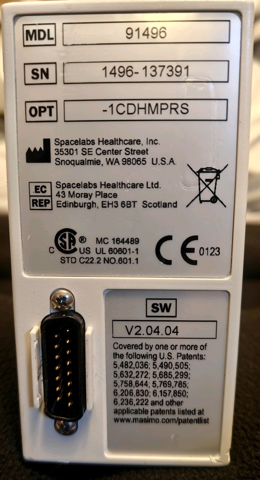 Spacelabs 91496 Ultraview Module w/ Opt 1CDGRMS MasimoSET SpO2 Temp ECG NIBP IBP
