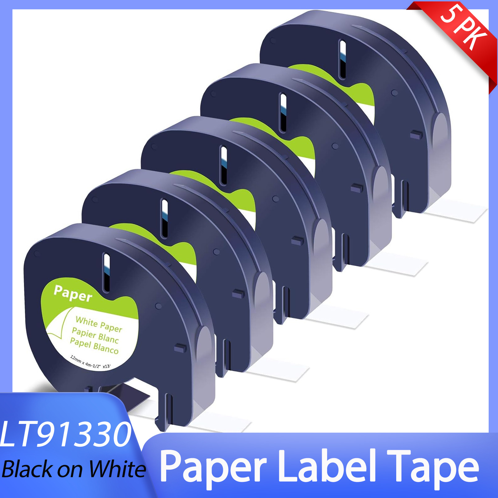 5Pack 1/2″ X 4m 13 ft Black on White 91330 Label Tape Fit for DYMO LetraTag QX50