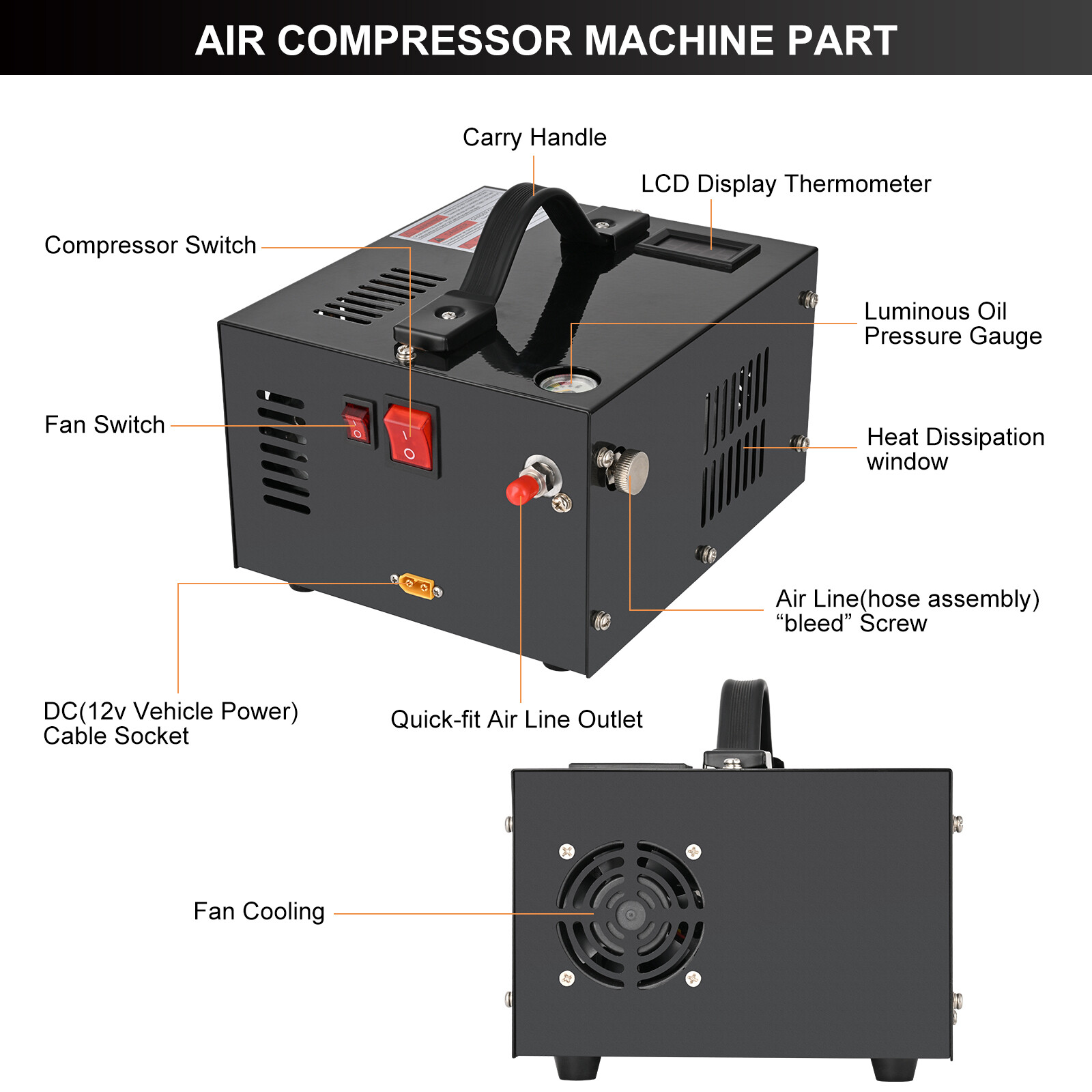 PCP Air Compressor 4500PSI/30MPa PCP Rifle/Pistol Manual-Stop w/Built-in Fan