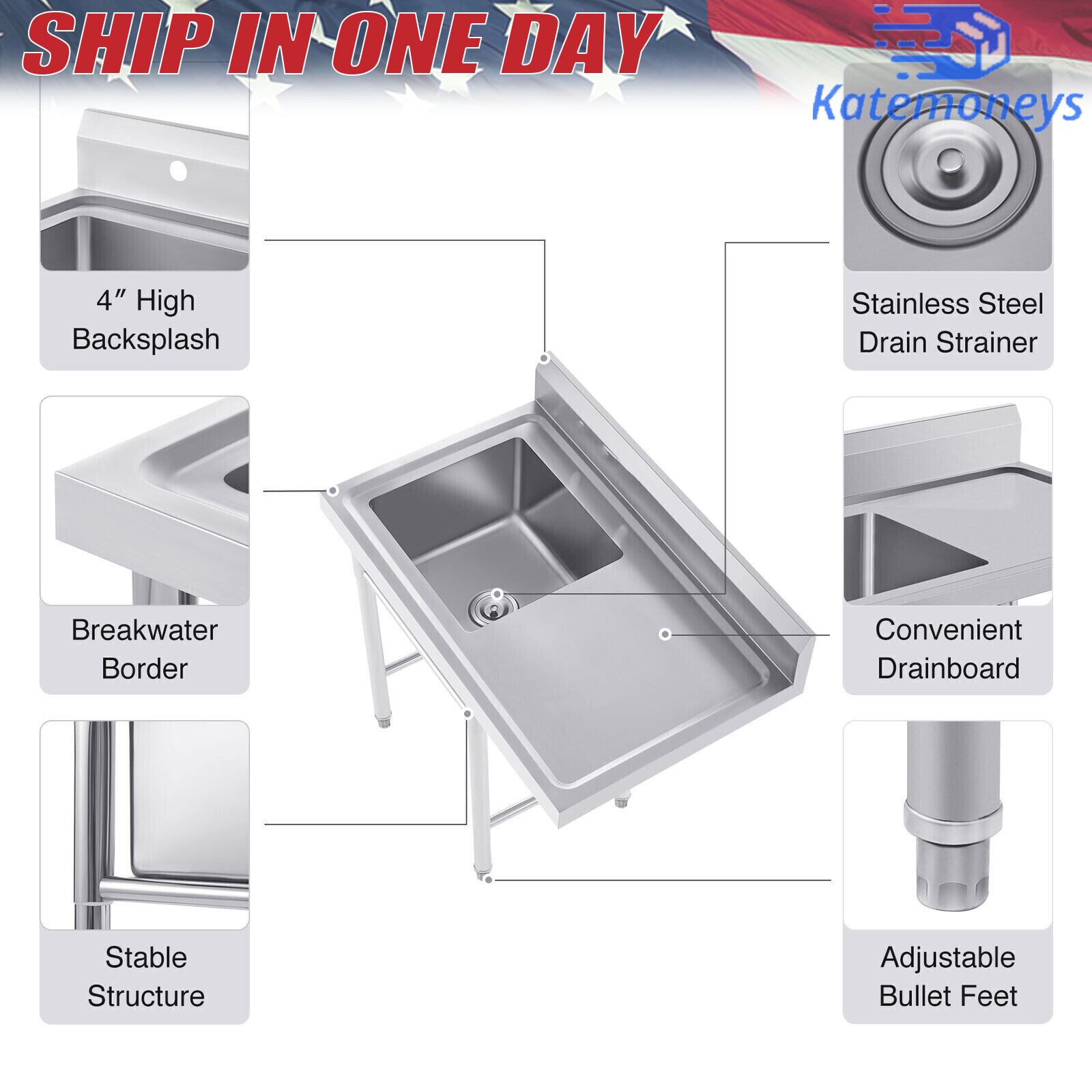1 Compartment Commercial Utility & Prep Sink Kitchen Sink+Faucet Stainless Steel