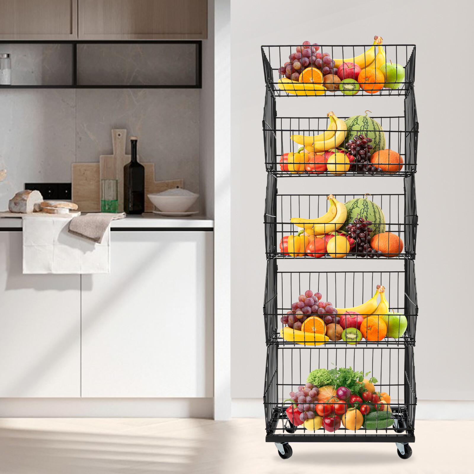 Movable Merchandise Display Rack Steel Retail Storage Basket Rack 5-Tiers Black