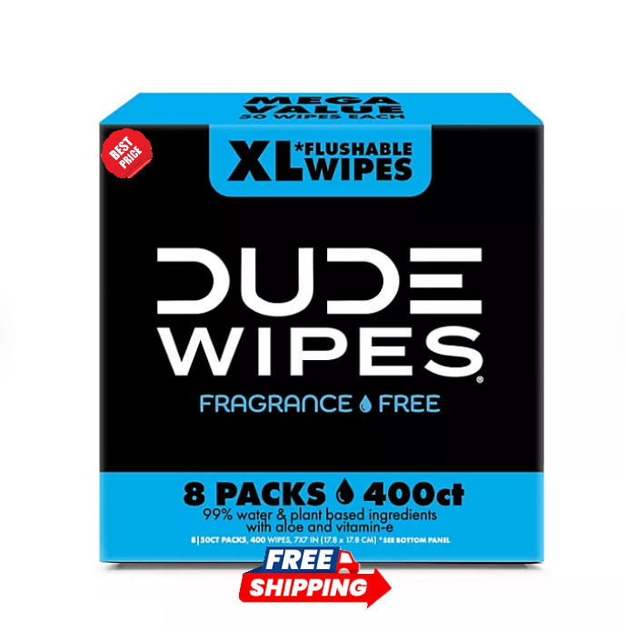 DUDE WIPES XL Flushable Wipes, Fragrance Free, 8 ct., 400 wipes