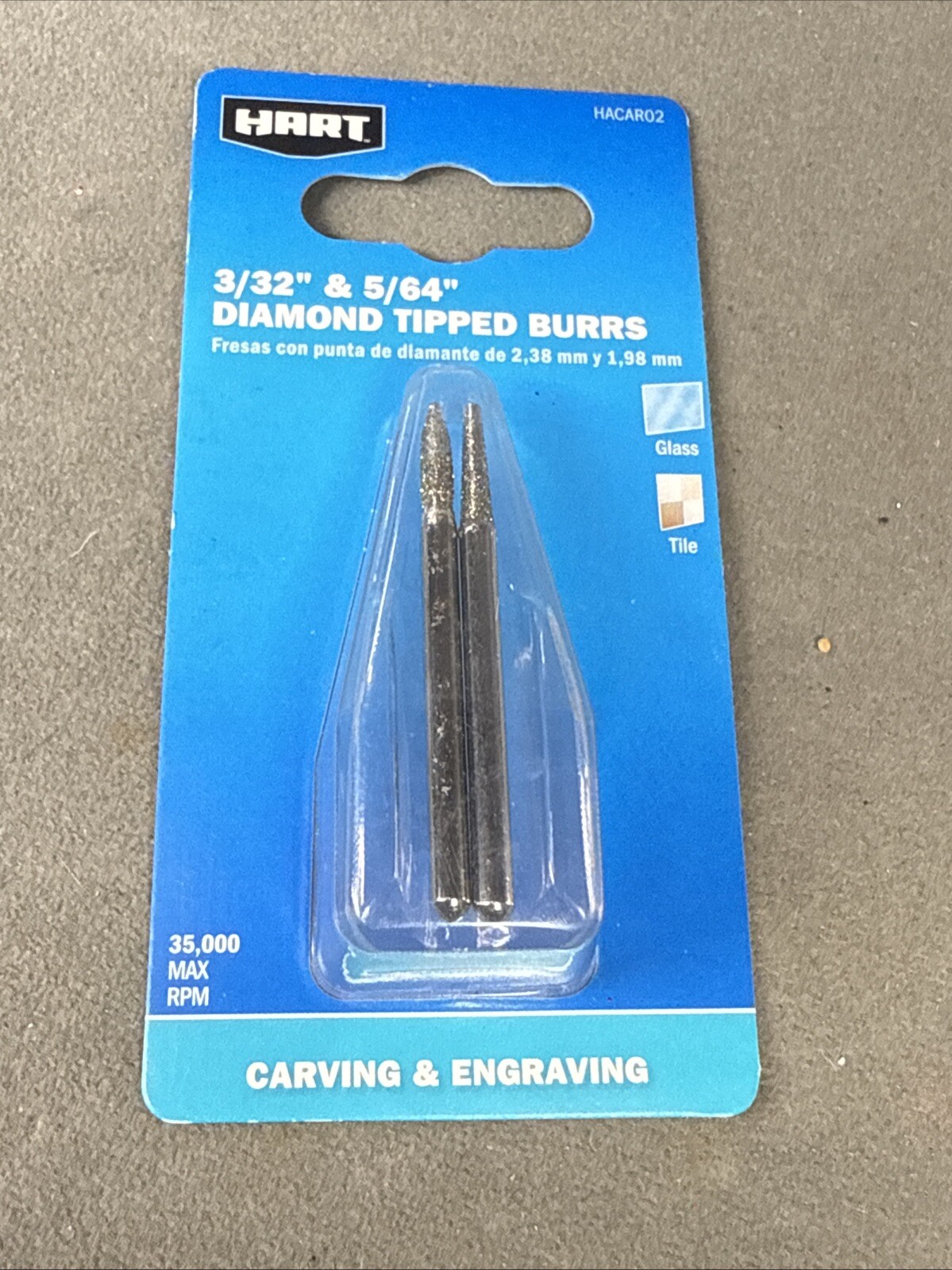 Hart Diamond Tipped Burrs 3/32” 5/64” 35,000 Max RPM Glass Tile Carving