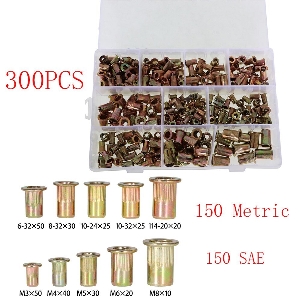 Zinc Steel Rivet Nut Kit 300 Pcs Rivnut Nutsert Assort 150pcs Metric+150pcs SAE