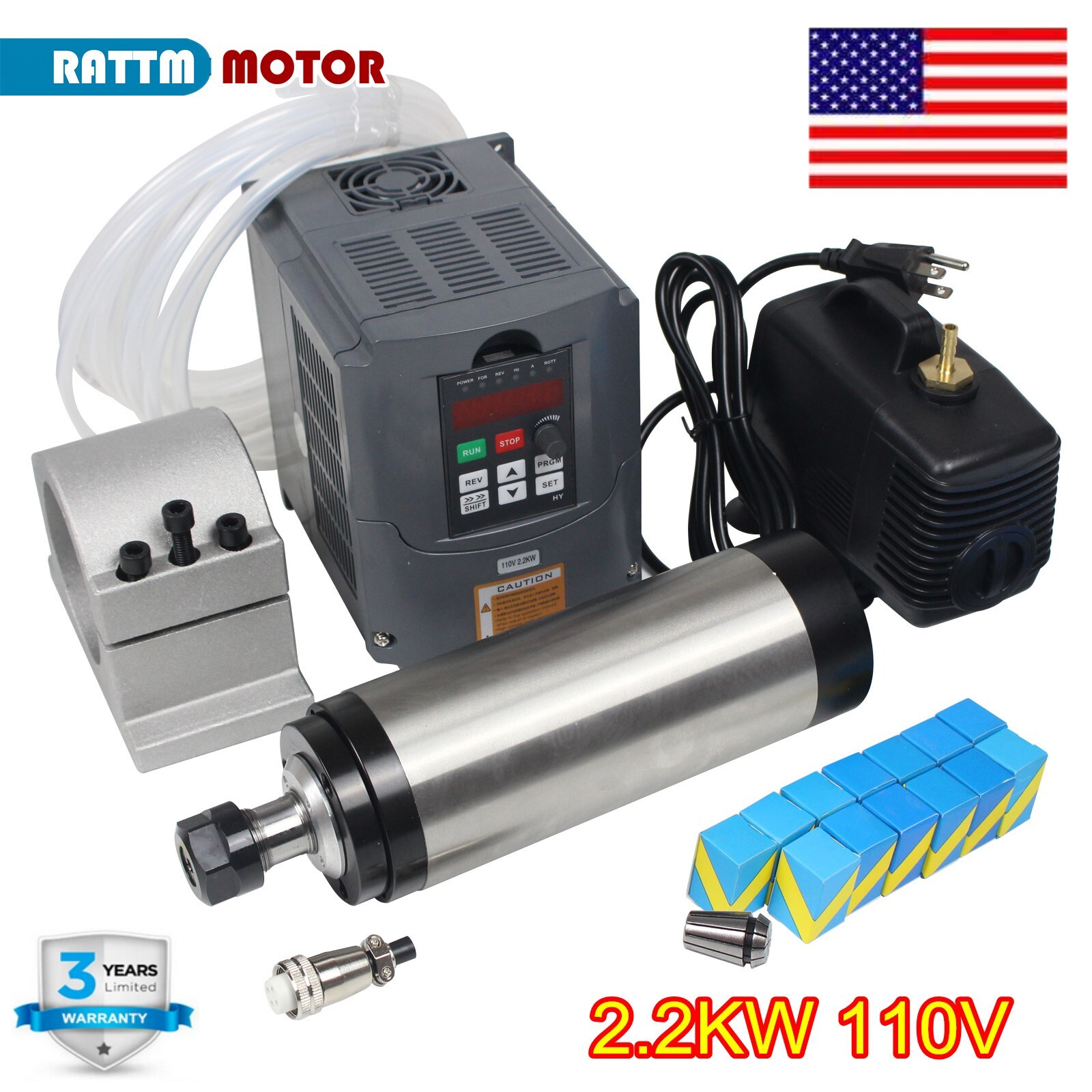 ◤US◢ 2.2KW Water cooling spindle motor 110V+2.2KW Inverter VFD 110V+Pump+Collet