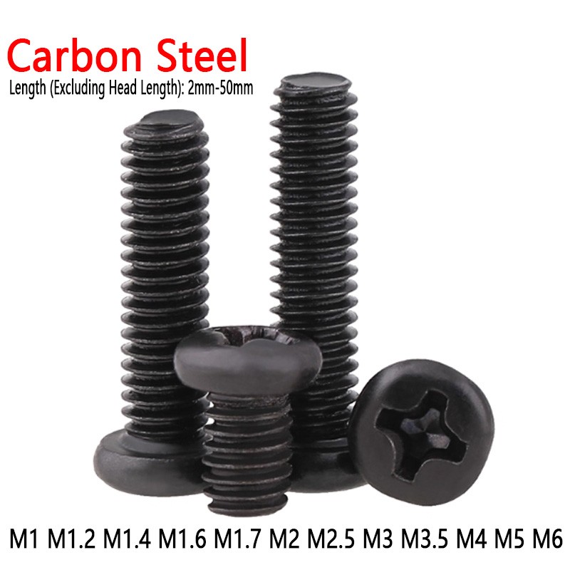 Black Carbon Steel Round Pan Head Screws Bolts M1 M1.2 M1.4 M1.6 M1.7 M2 M2.5-M6