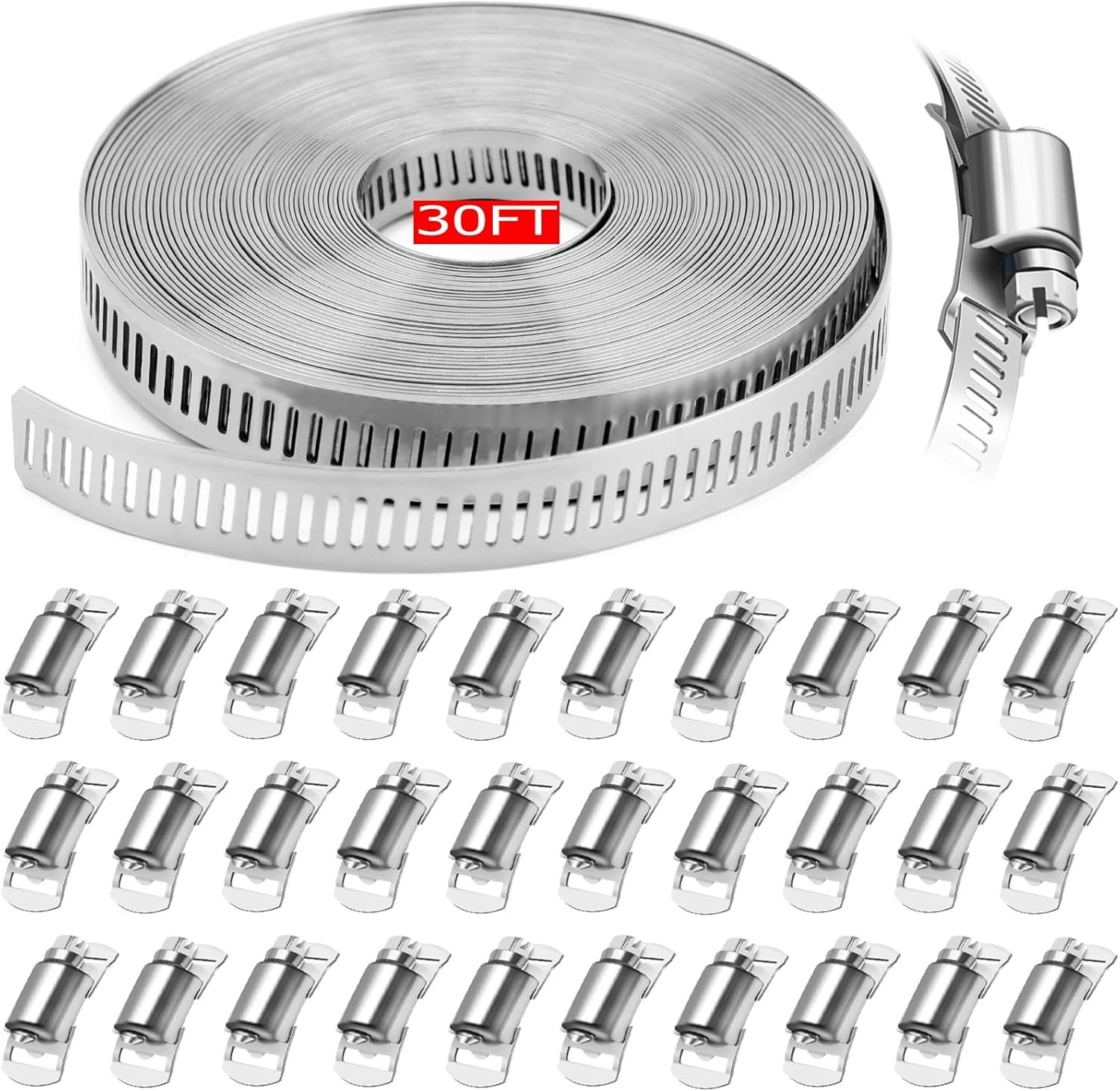 Hose Clamps 30FT Strap+30 Fasteners,Diy Cut-To-Fit 304 Stainless Steel Adjustabl
