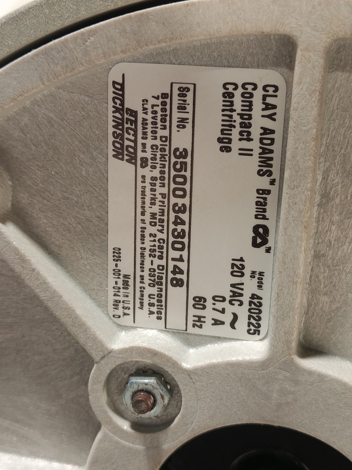 Becton Dickinson Clay Adams Compact II Centrifuge 420225 For Parts Repair