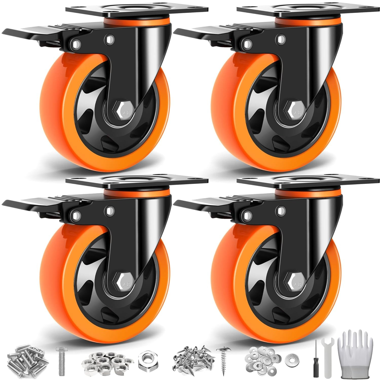 4″ Heavy Duty Caster Wheels Set of 4, 2200lbs Load with Brake and Locking Plate