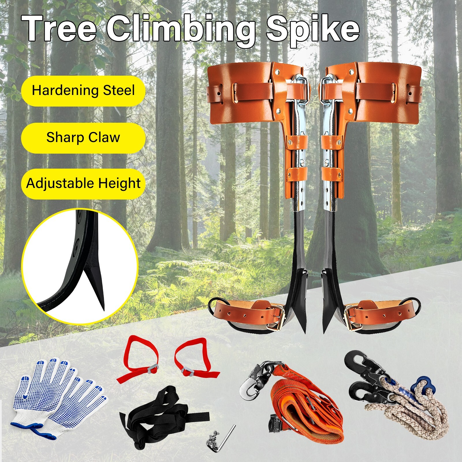 Tree Spikes Adjustable Height Pole Tree Climbing Spurs Steel w/2 Climbing Gear