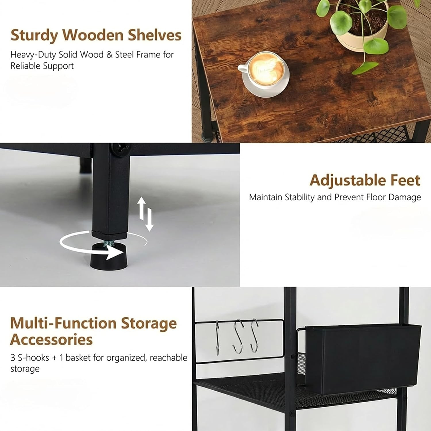Adjustable 3-Tier Under Desk Printer Stand with Hooks & Basket
