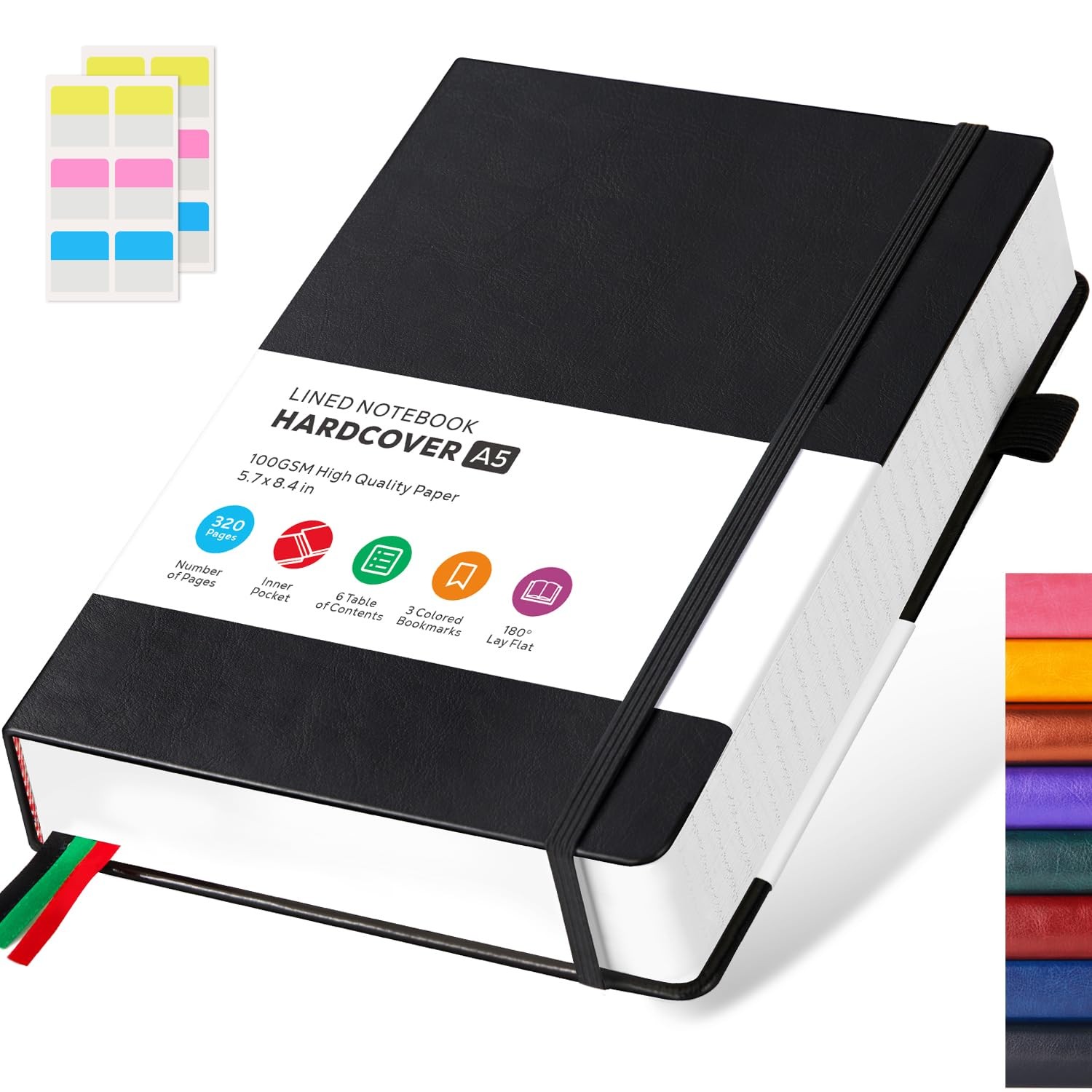 Hardcover Lined Notebook Journal for Writing, 320 Pages Leather A5, 2.Black
