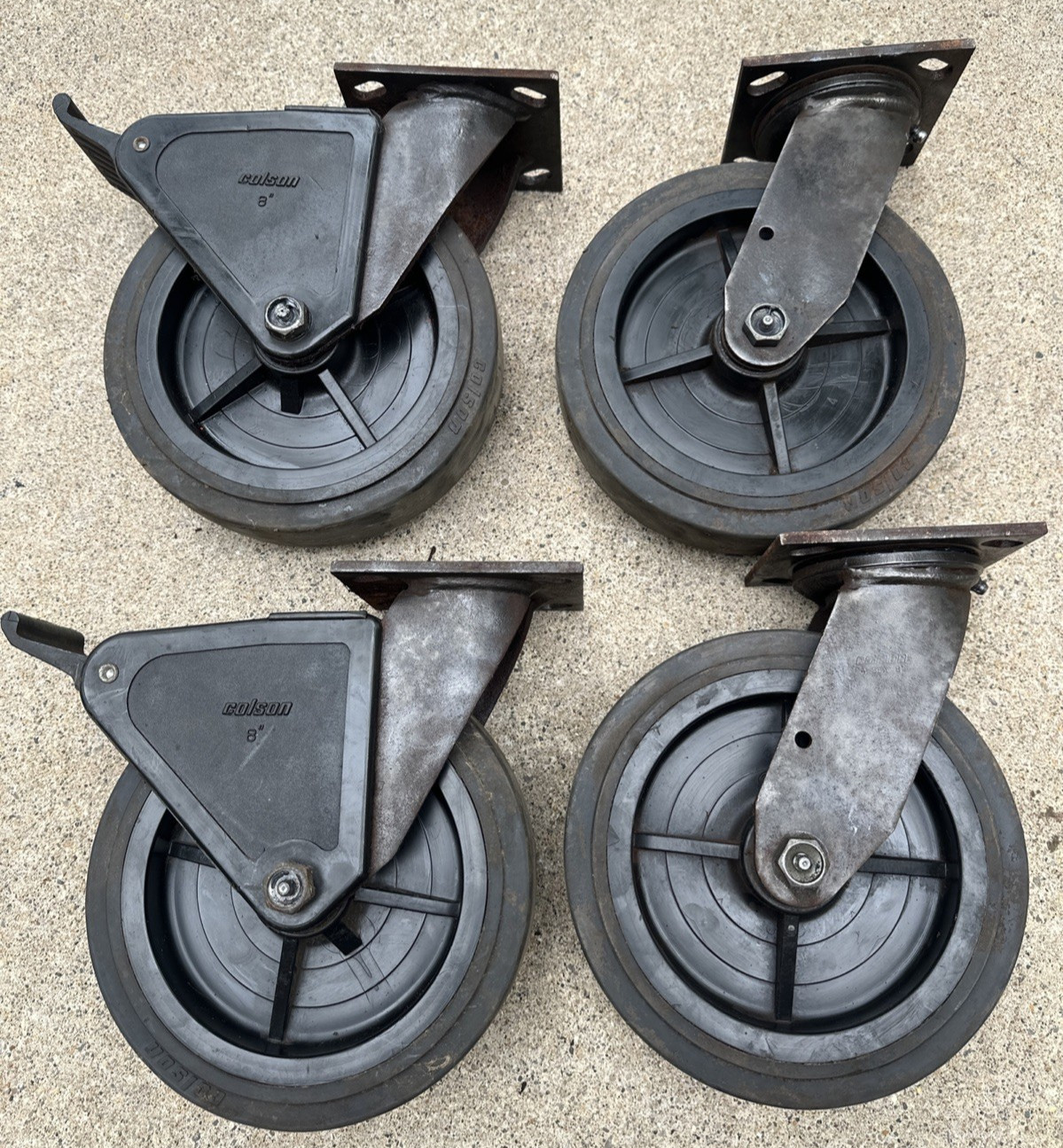 Colson Swivel Caster Set 8″ x 2″ Wheel 4 x 4 1/2″ Mounting USA With Brake
