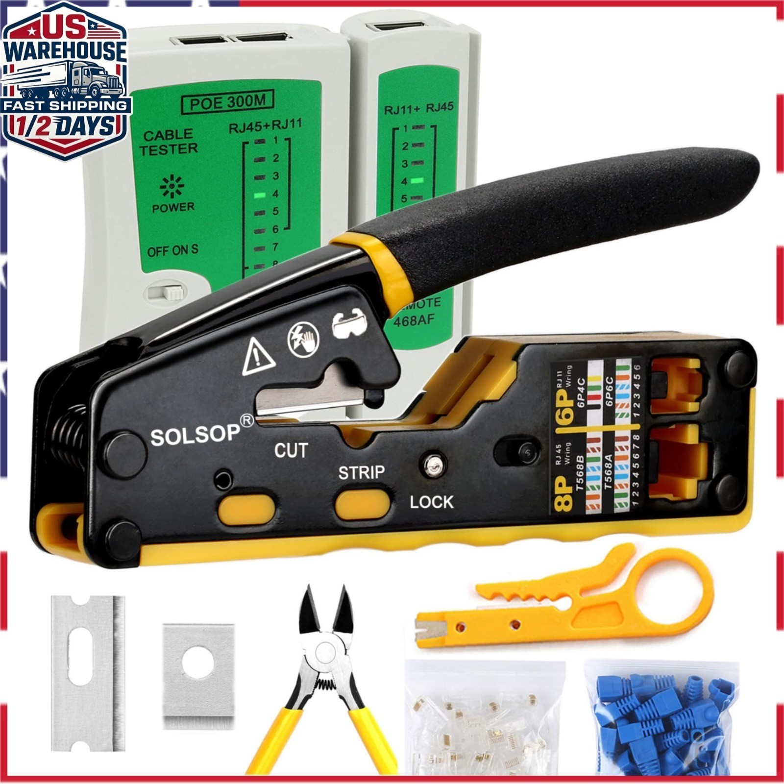 Solsop Pass Through RJ45 Crimp Tool Kit Ethernet Crimper CAT5 Cat5e Cat6 Crimpin