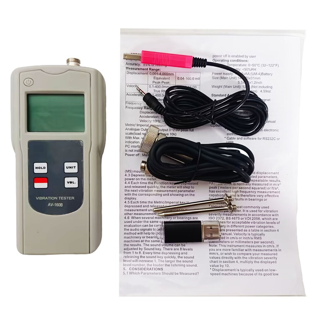 Handheld Vibration Meter with Velocity 0.1-400.0 mm/s Software and USB Cable