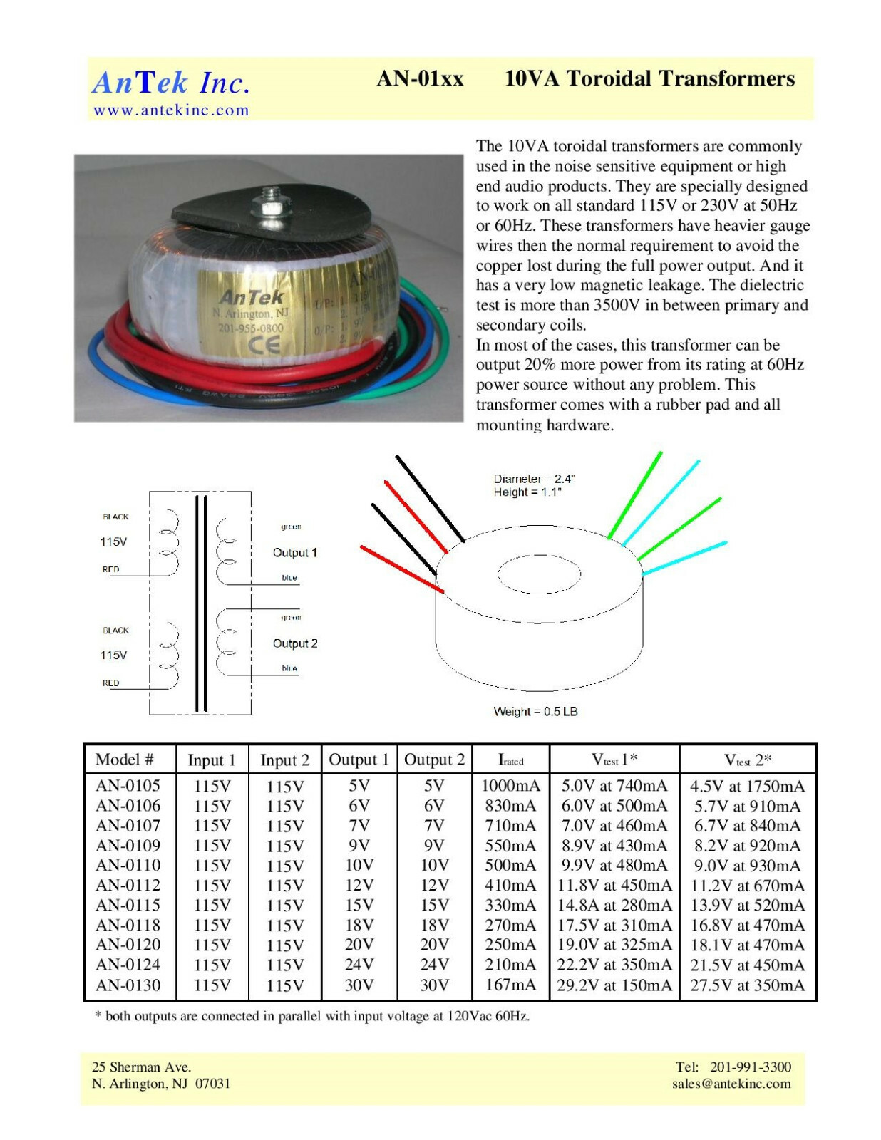 10VA 24V + 24V 48VCT Small toroidal Power Transformer Antek AN-0124
