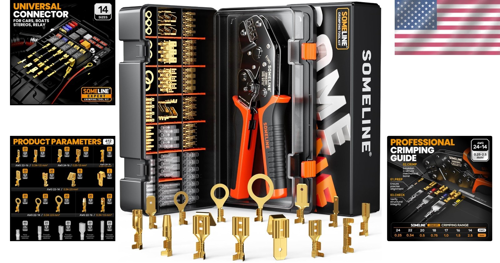 Ergonomic Wire Crimp Tool Kit with 14 Male & Female Terminal Sizes – Heavy Duty