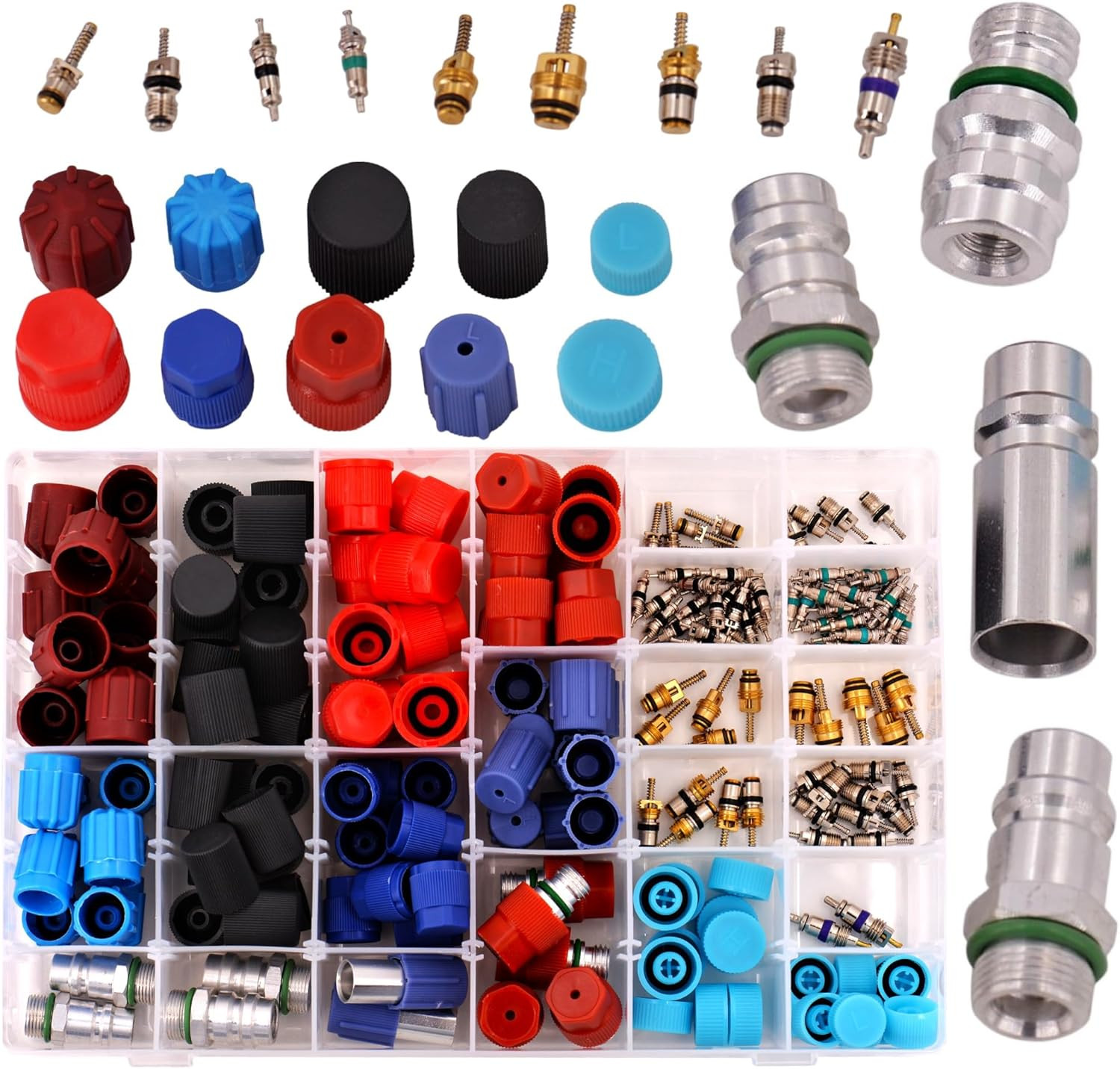R134A A/C Valve Core & Dust Cap Kit | Assortment of 23 Styles – 188 Pieces | AC