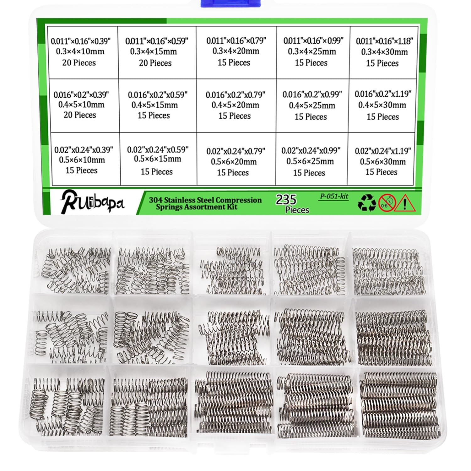 Ruibapa 235PCS Springs Assortment Kit 304 Stainless Steel 15 Sizes