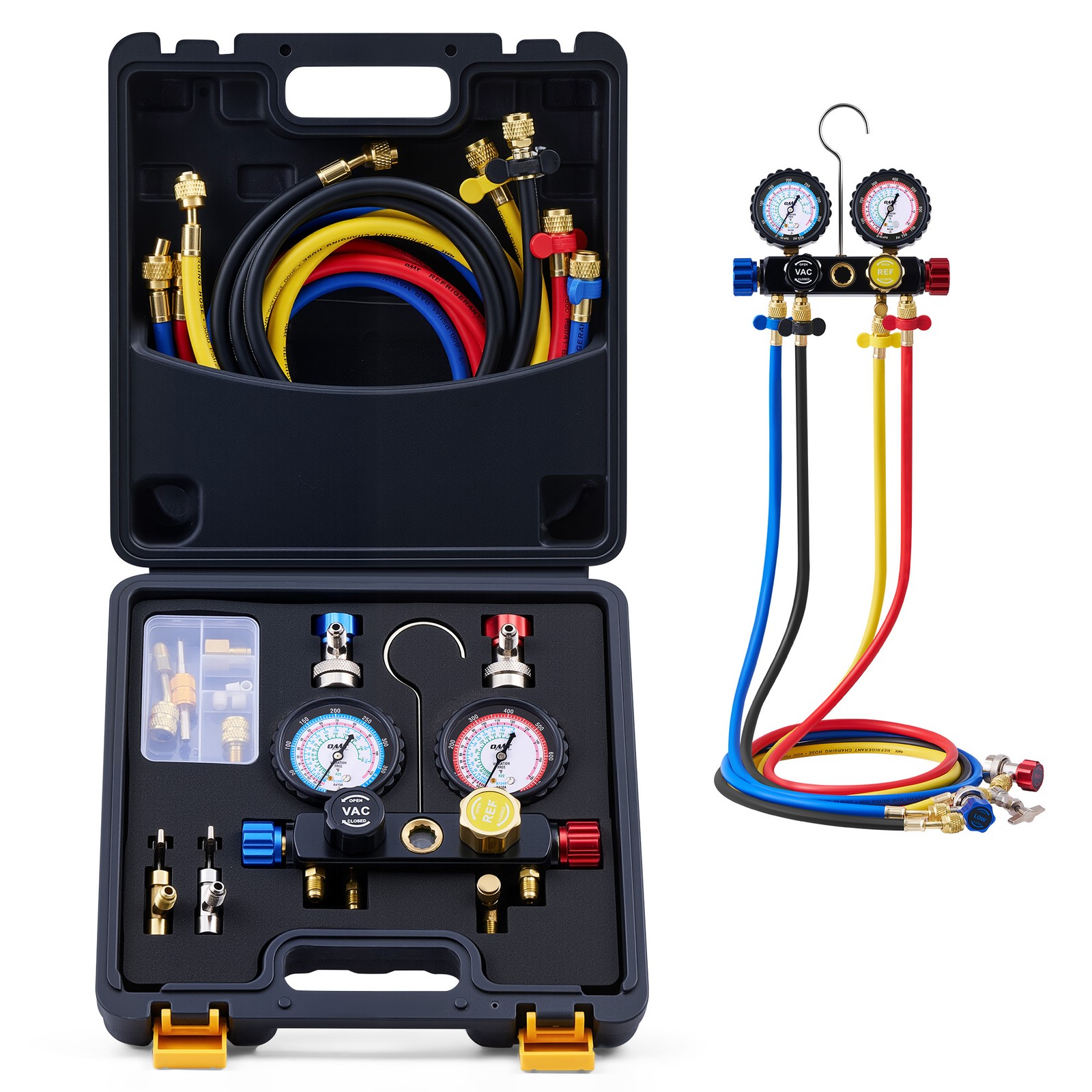 OMT 4 Way AC Gauge Set Air Conditioner Diagnostic Manifold Gauge Kit with Hoses
