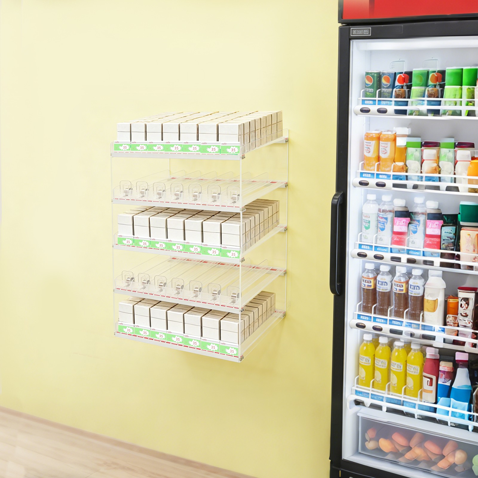 Wall Mounted Acrylic Cigarette Display Organizer With Auto Cigarette Pusher