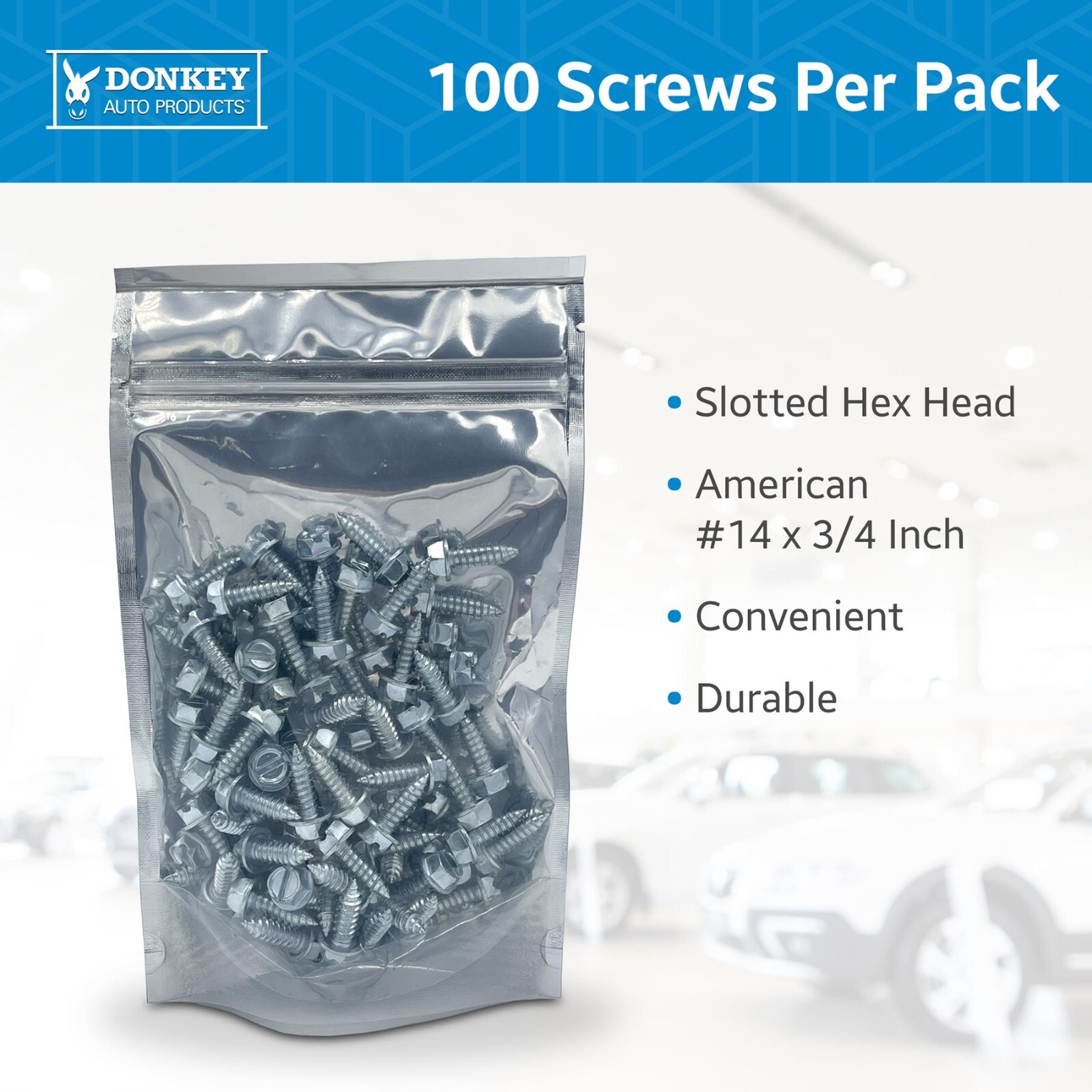 License Plate Screws – Slotted Hex Head – American – #14 x 3/4″ (100 Per Pack)