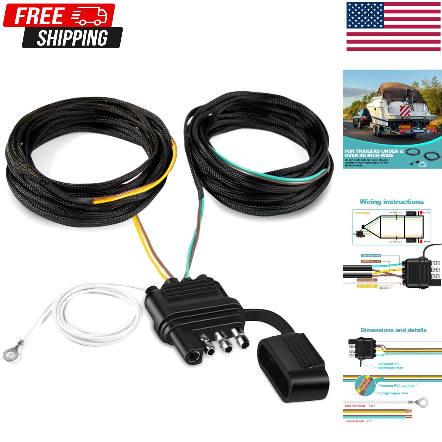 4 Pin 5 Wire 22FT 18AWG Trailer Wiring Harness with Jacketed Cable, Trailer Con