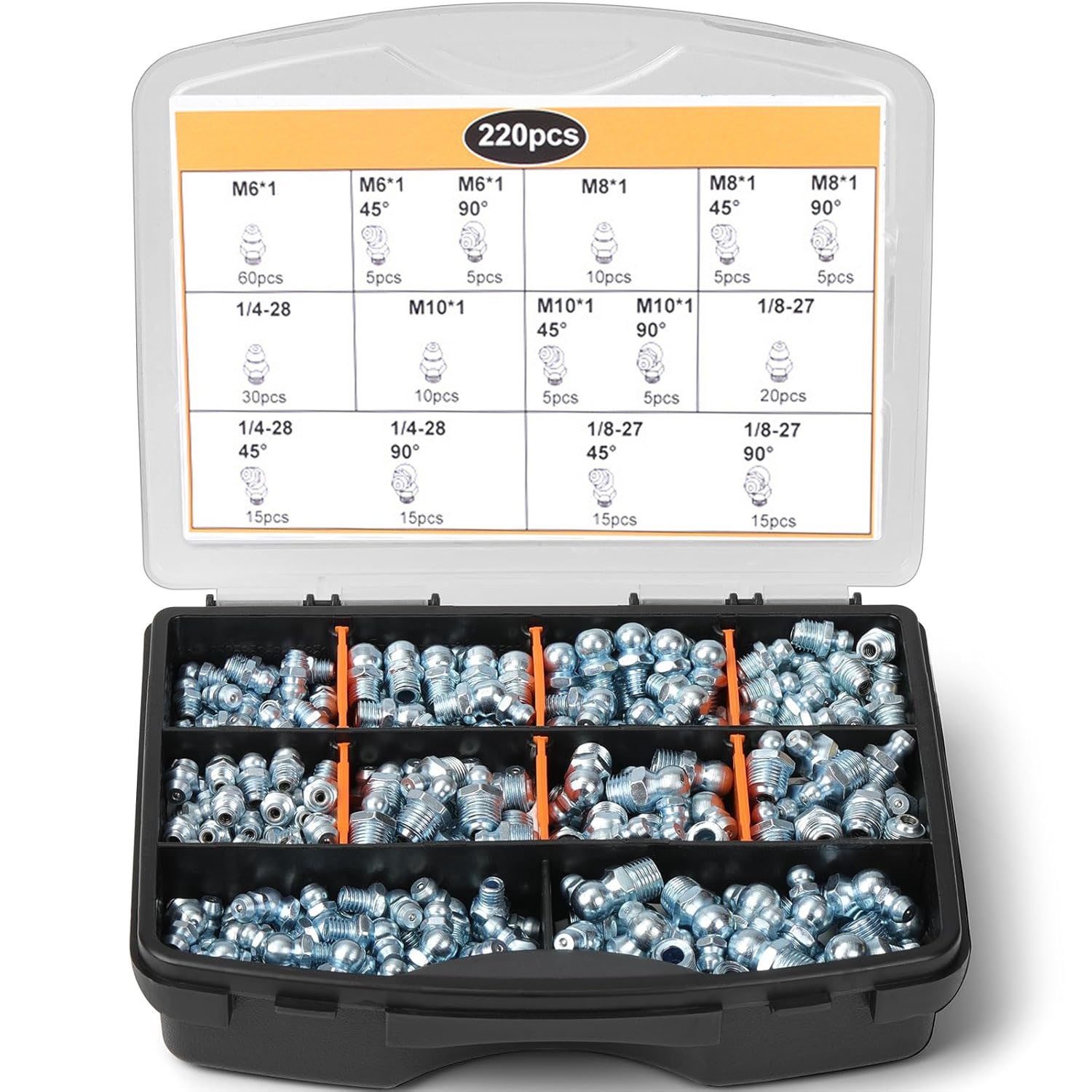220 Pack Metric & SAE Hydraulic Lubrication Grease Zerk Fittings Assortment Set