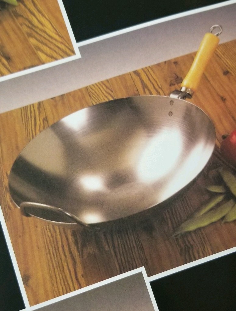 14″ Flat bottom wok with wood and metal ear 13″ dome cover 14 gauge USA MADE.