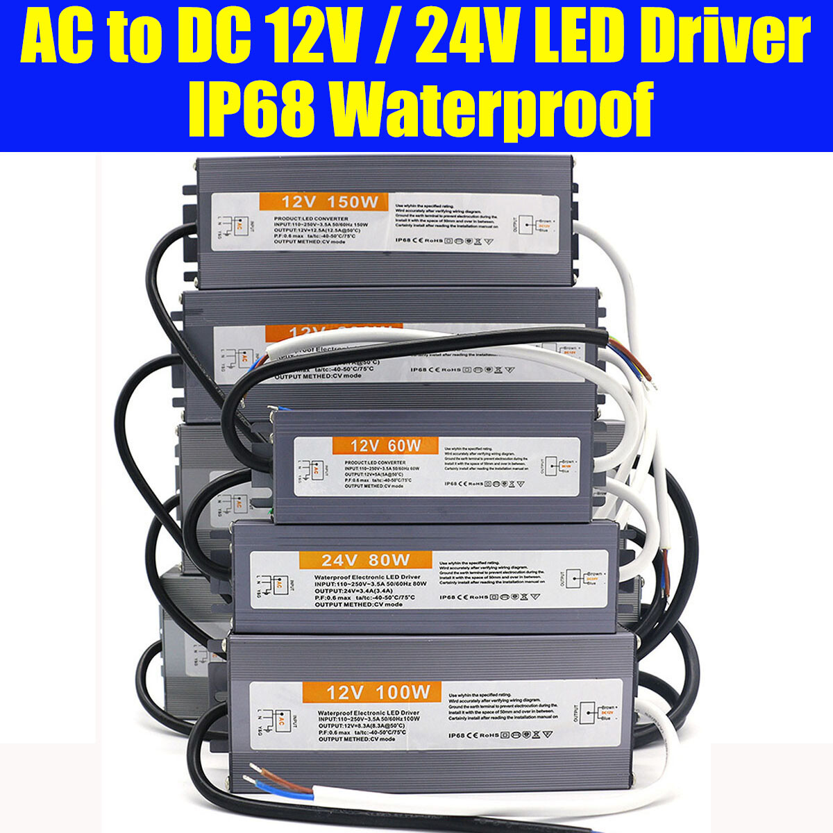 AC to DC 12V/24V LED Driver Outdoor Waterproof Transformer Power Supply Adapter