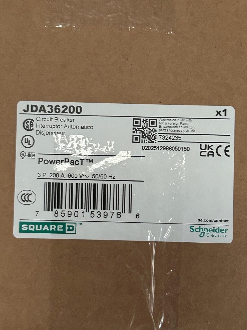 Square D JDA36250 Circuit Breaker – 250A, 3P, 600VAC, 14kA, Made in Mexico