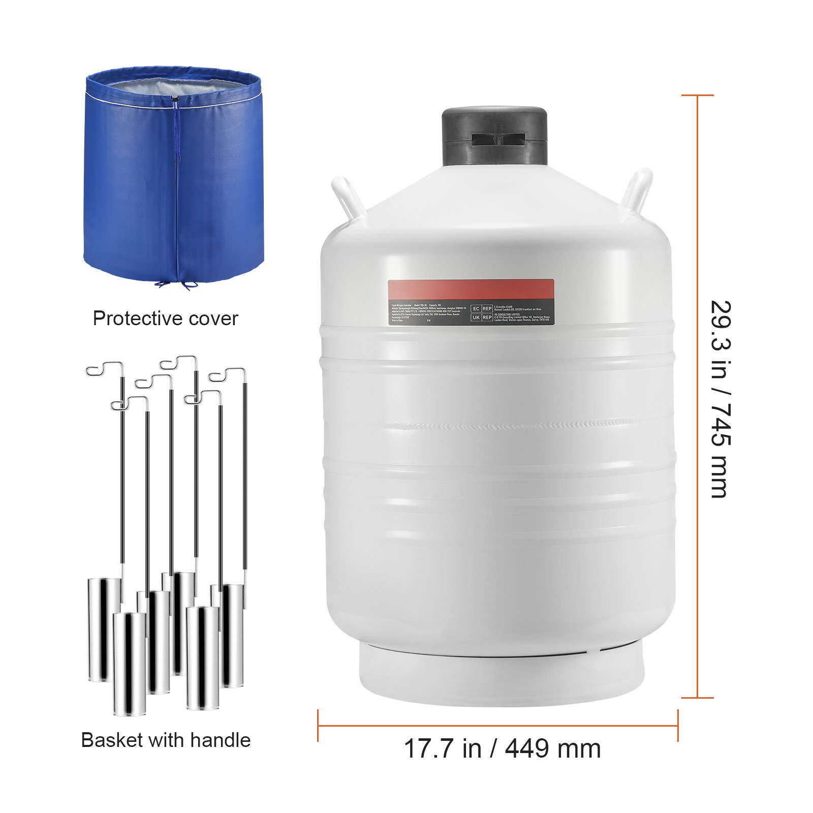 Liquid Nitrogen Tank 30 L Aluminum Alloy LN2 Container Dewar 6 Canisters