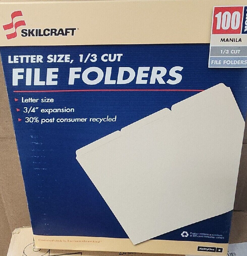 NEW – (100) Skilcraft 1/3 Cut Letter Size, 3/4 Expansion Manila File Folders
