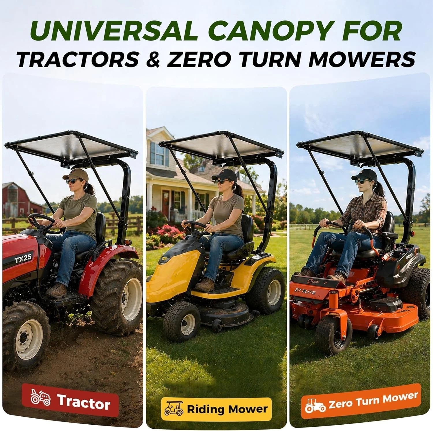 Universal Lawn Mower Canopy – 95% Sun Blocking & Wind Resistant for ROPS Frames