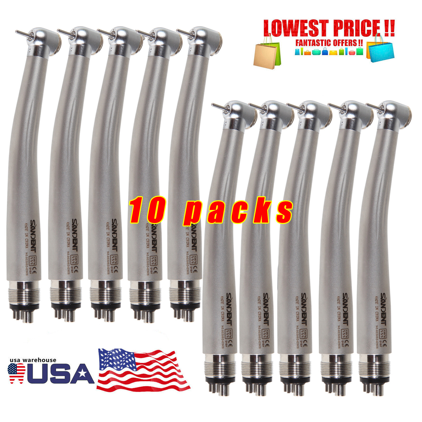10* SANDENT Dental High Speed Handpiece push button spray 4Hole Midwest fit NSK