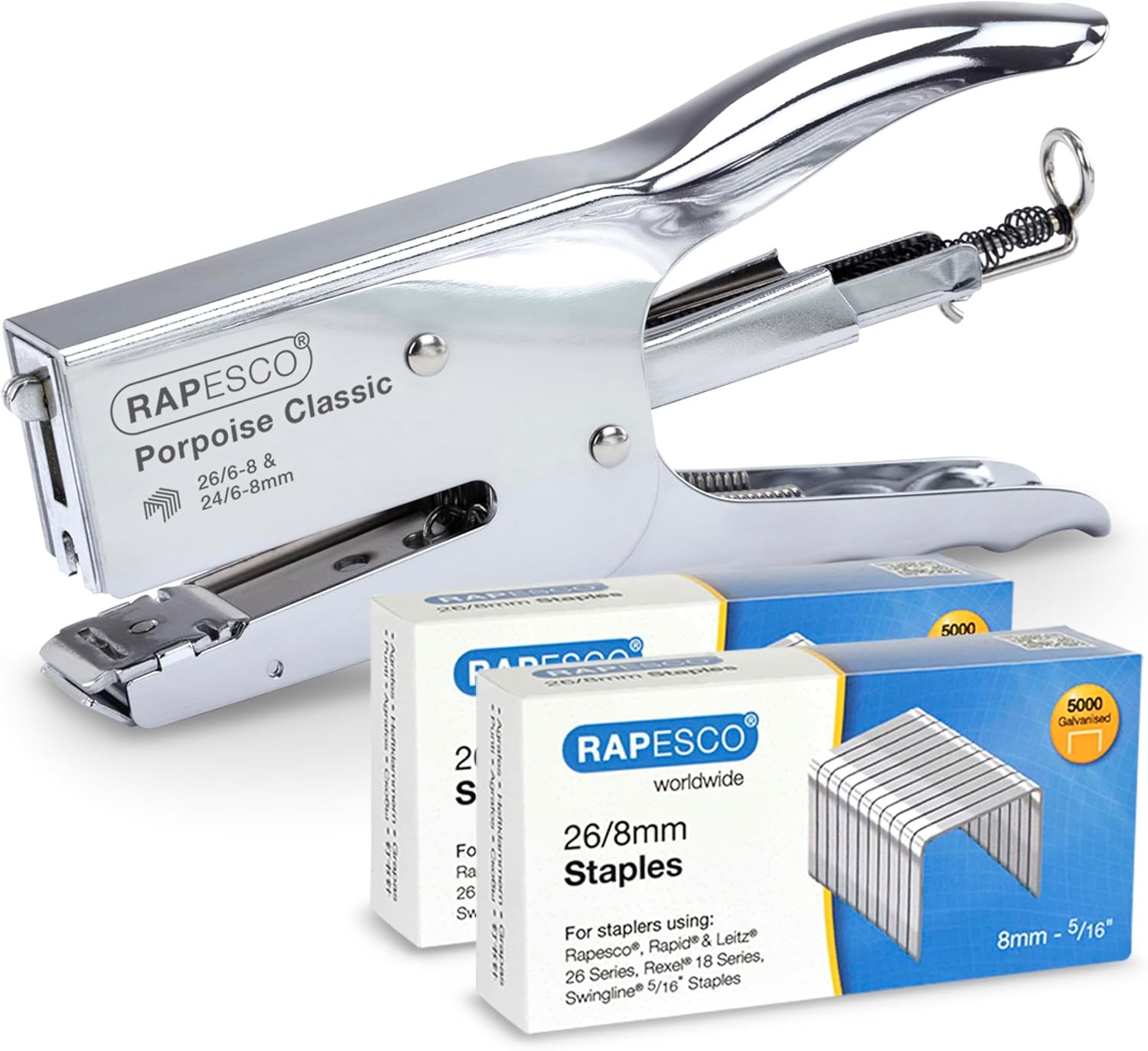 Rapesco 1298A Porpoise Classic Stapling Plier with 10.000 Staples, Type 26