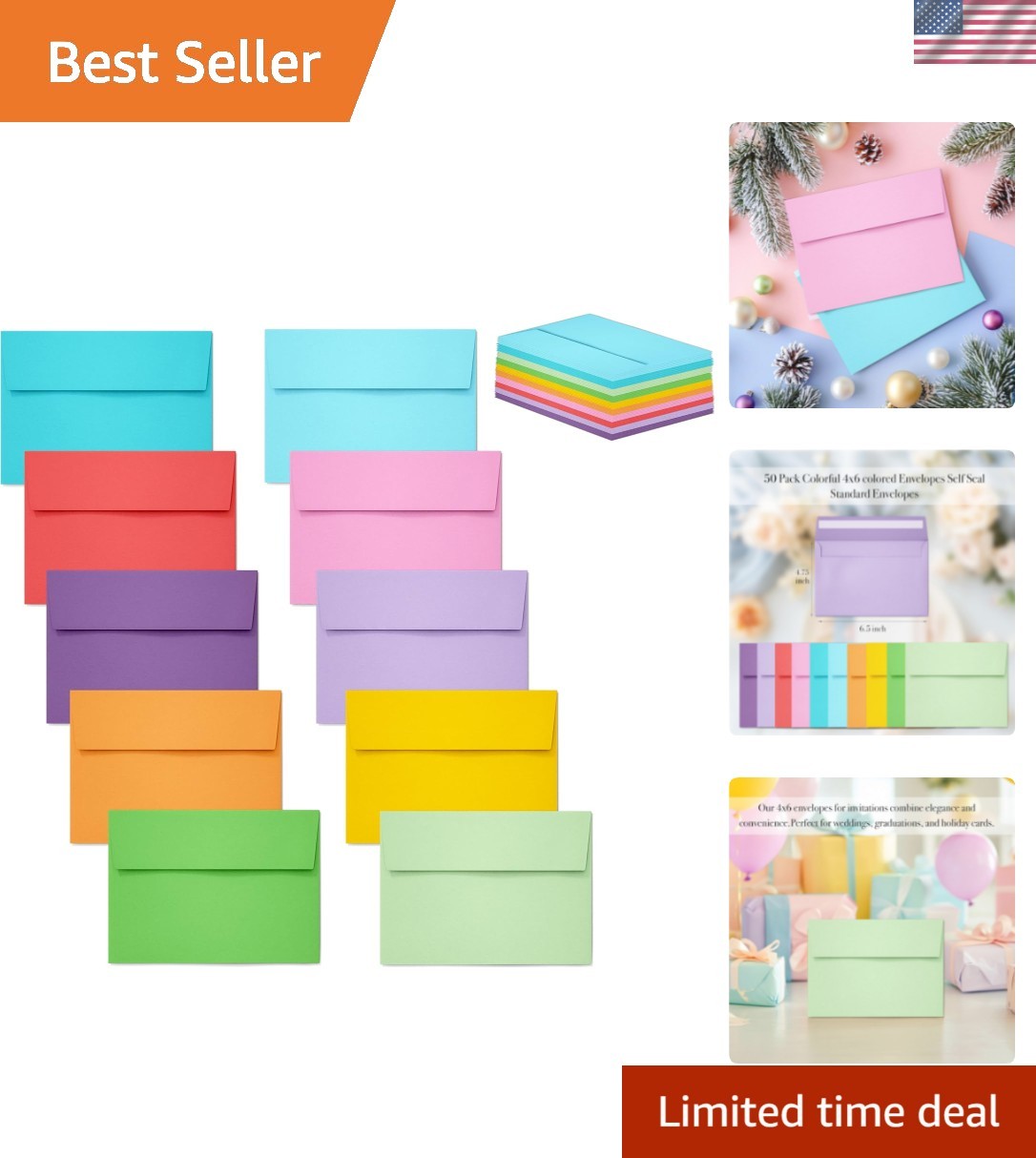 50-Pack 4×6 Colored Envelopes – Perfect for Weddings or Greetings