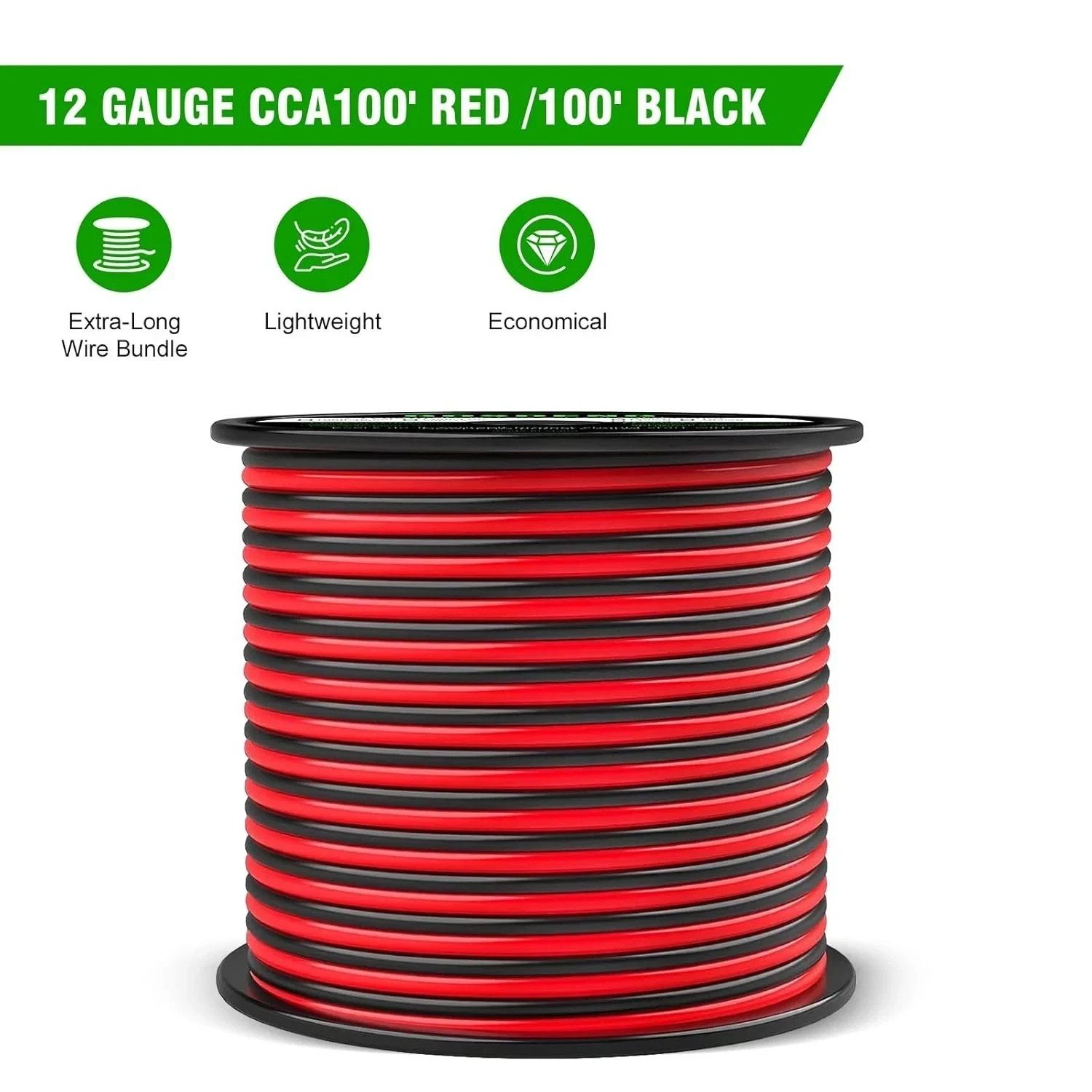 12 Gauge Wire 100FT, 2 Conductor Electrical Cable – Red and Black, Low Voltage