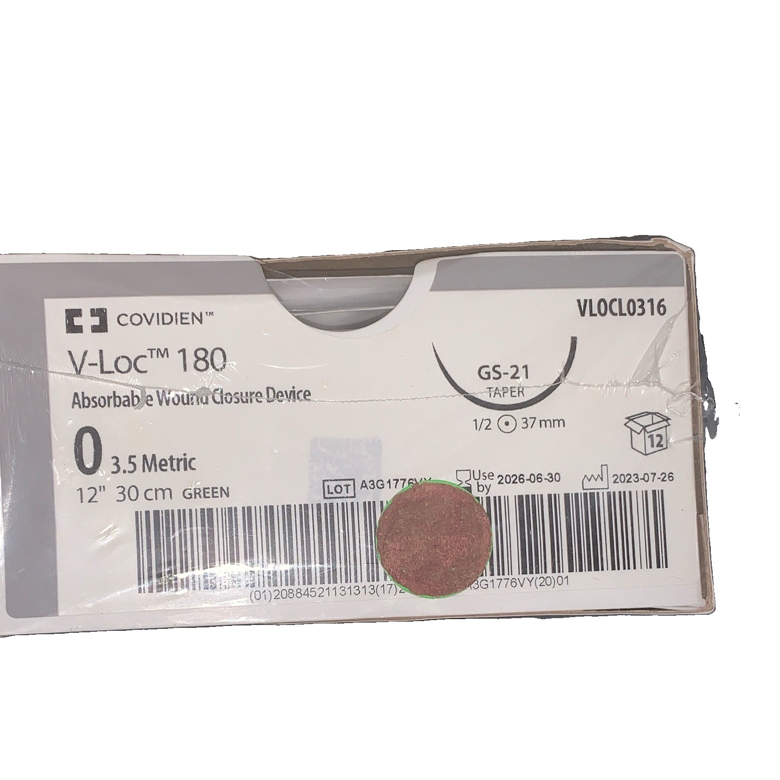 Covidien V-Loc 180 Absorbable Wound Closure 0 12in Green GS-21 VLOCL0316