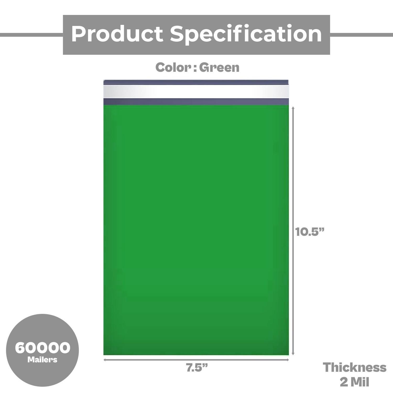 Green Poly Mailer Envelope Shipping Bag Self Sealing 2 Mil 7.5 x 10.5 60000 Pack