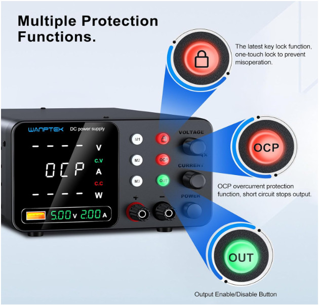 Fuente de alimentación DC 30V 10A con memoria, protección OCP y carga USB. Nuevo