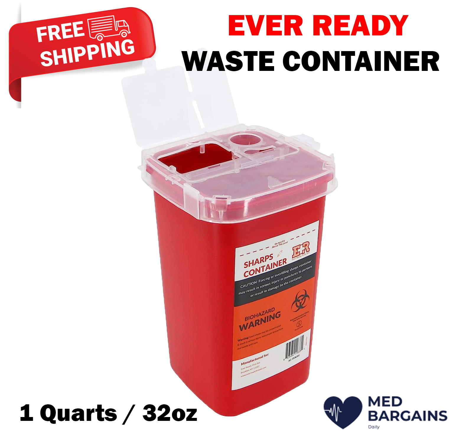 Ever Ready EVR202 Sharps Container Waste Disposal 1 Quarts / 32oz – RED
